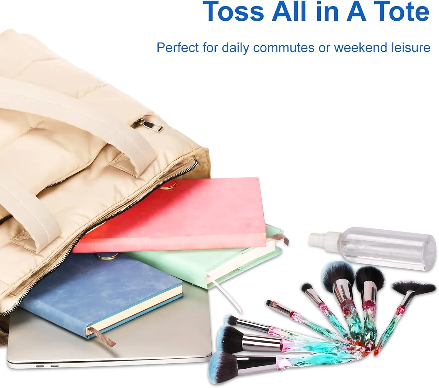 Tote Bag for Women with Zipper, Soft Lightweight Puffy Bag with Compartment, Quilted Handbag for Travel, Work, Sport