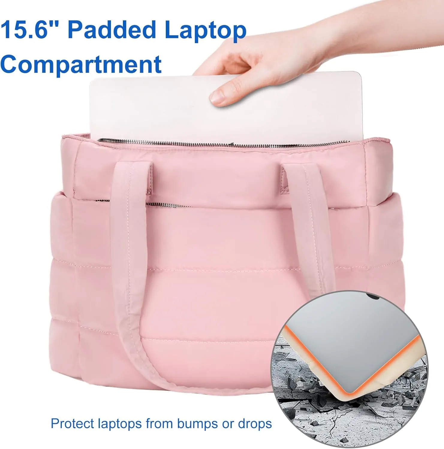 Tote Bag for Women with Zipper, Soft Lightweight Puffy Bag with Compartment, Quilted Handbag for Travel, Work, Sport