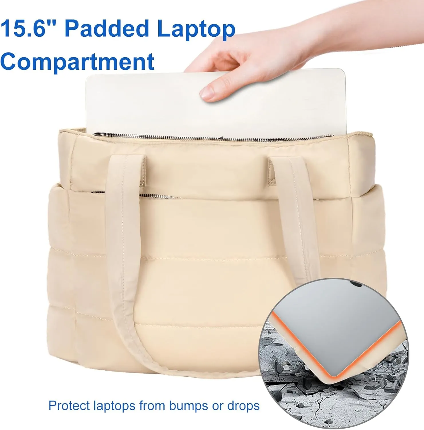 Tote Bag for Women with Zipper, Soft Lightweight Puffy Bag with Compartment, Quilted Handbag for Travel, Work, Sport