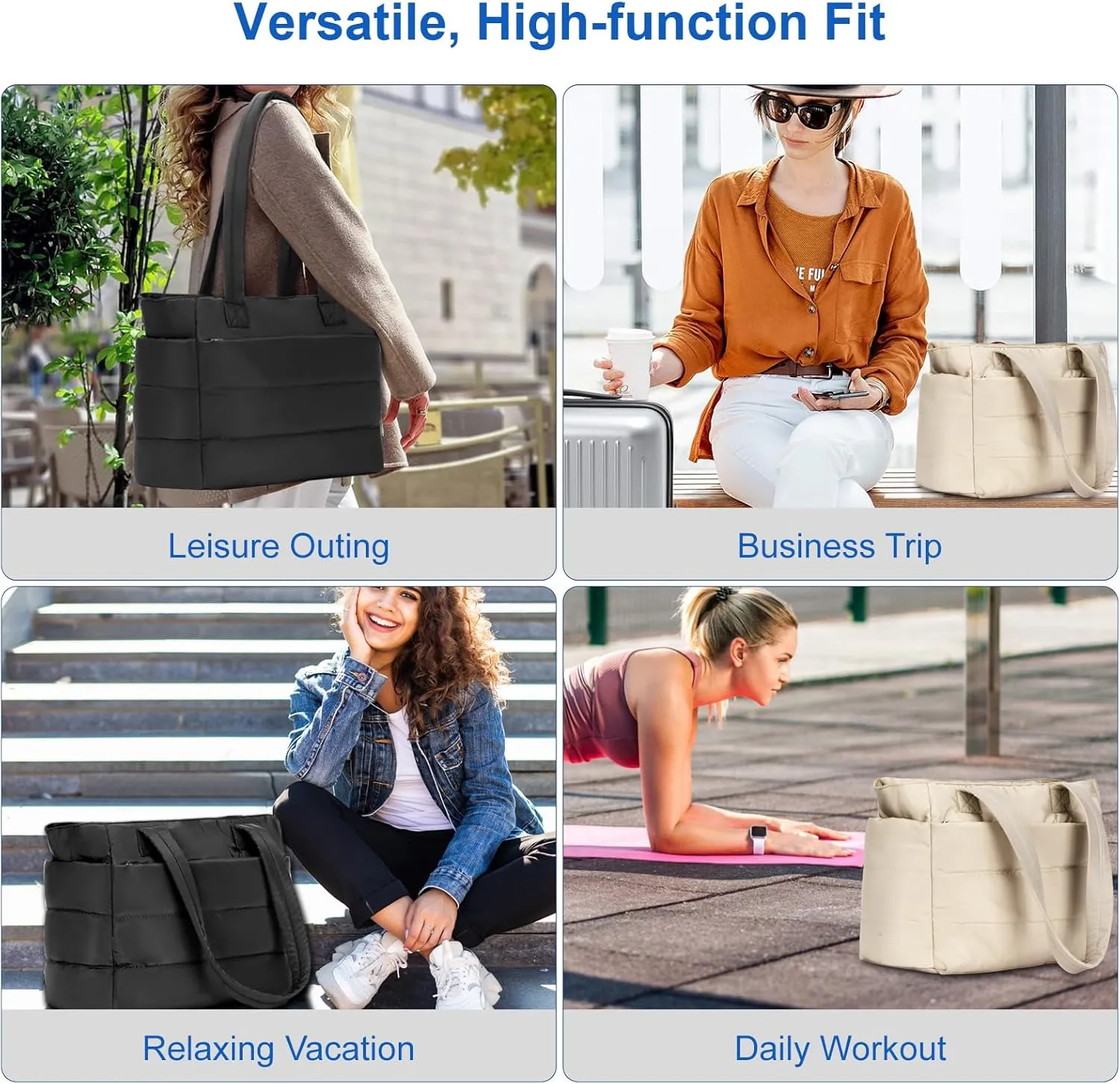 Tote Bag for Women with Zipper, Soft Lightweight Puffy Bag with Compartment, Quilted Handbag for Travel, Work, Sport