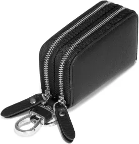 UGSHY 1 PC Car Leather Doublelayer Key Case, Large-capacity Key Storage Zipper Bag with Hook, Universal Car Home Use (Black)