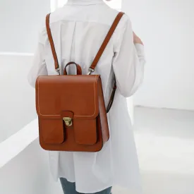 Vintage Brown School Leather Backback For Women
