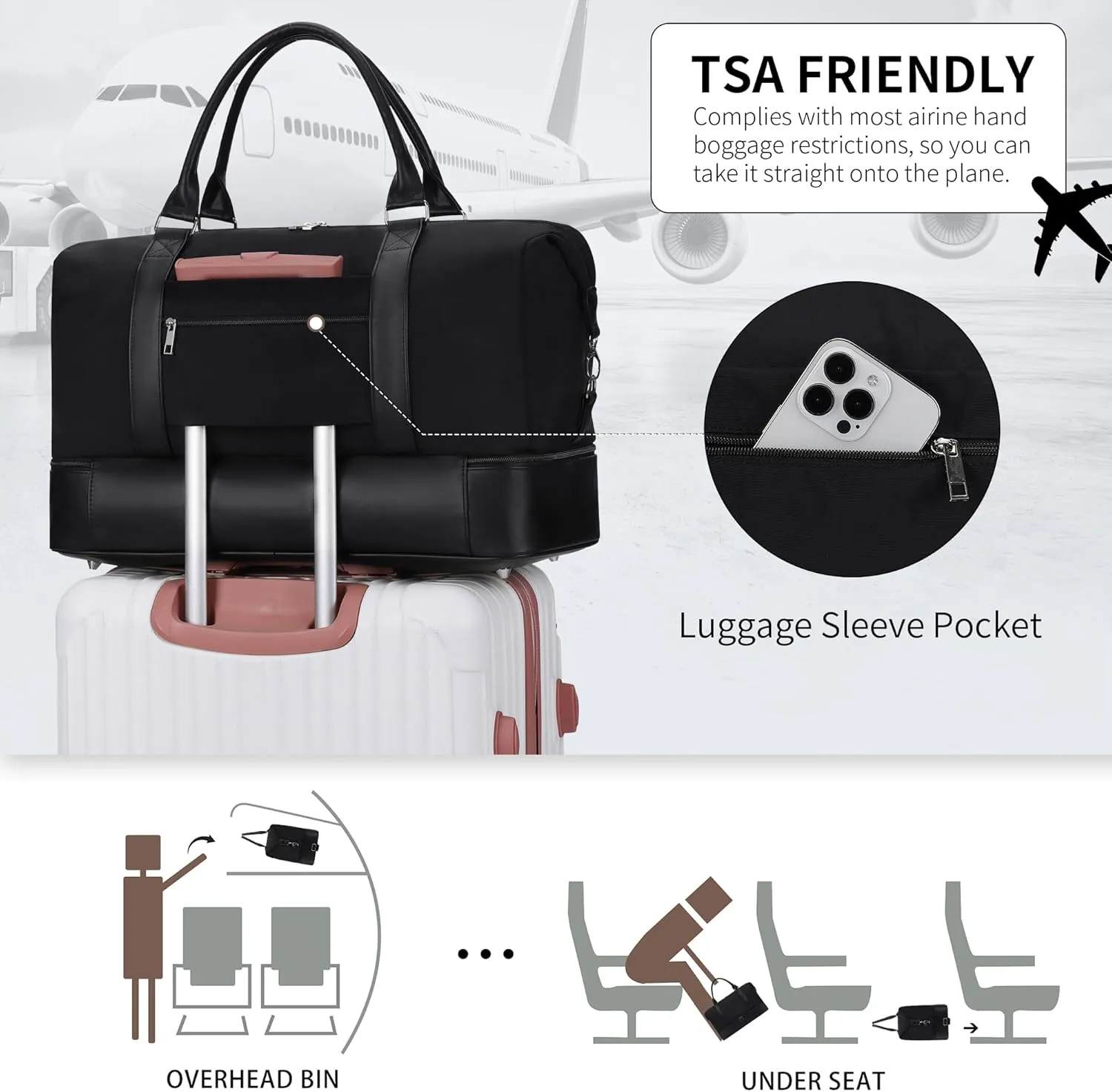 Women's Weekender bag Travel Duffel Bag with Shoe Compartment 21-inch Airline-Approved Carry-On, 2-Piece Canvas & Leather Overnight Bag Set Personal Item Luggage