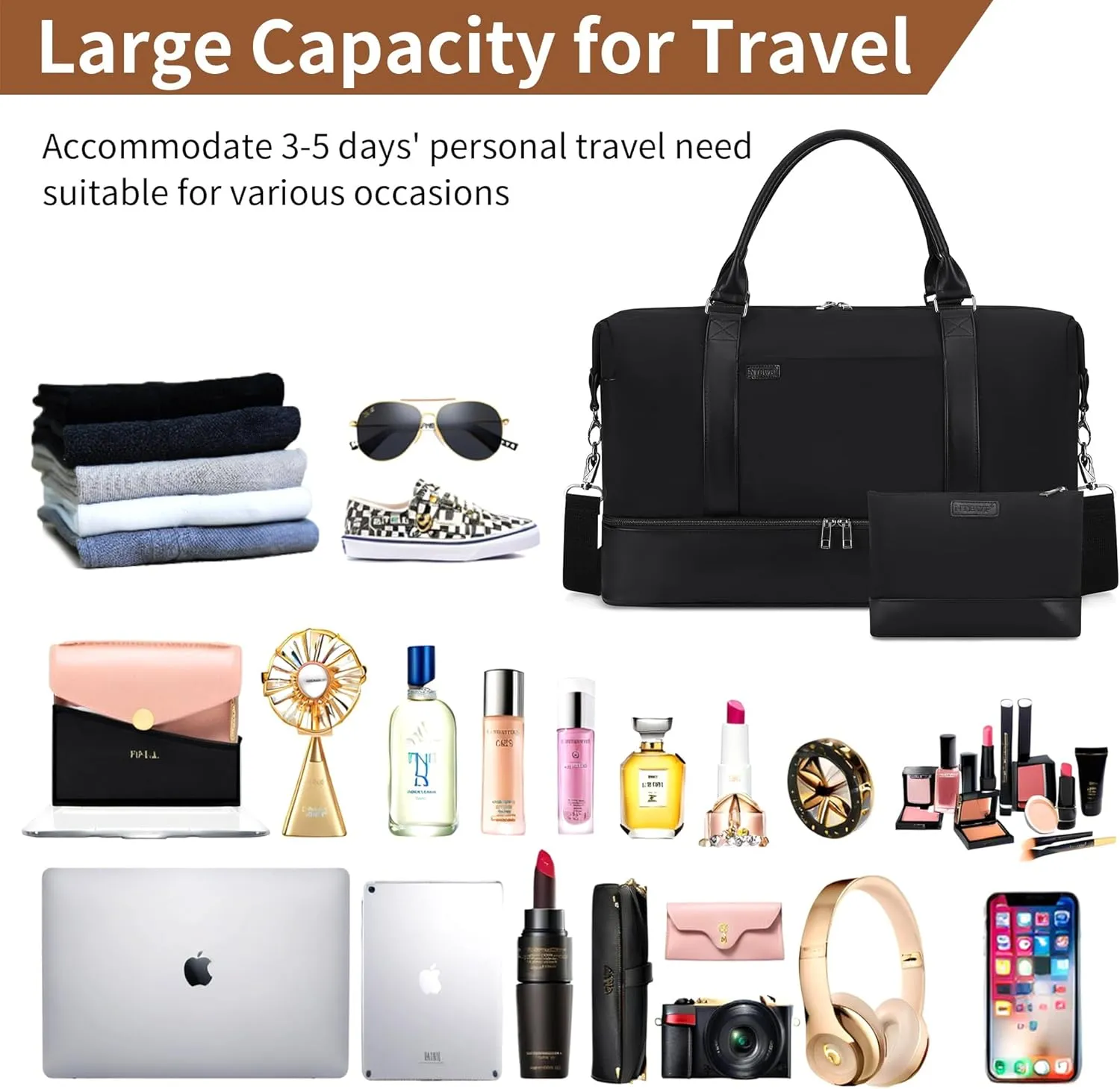Women's Weekender bag Travel Duffel Bag with Shoe Compartment 21-inch Airline-Approved Carry-On, 2-Piece Canvas & Leather Overnight Bag Set Personal Item Luggage