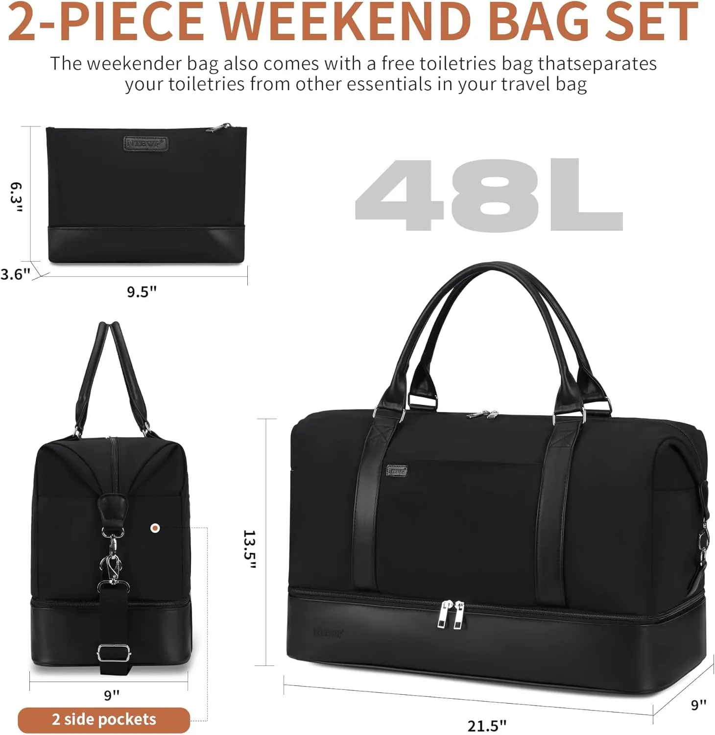 Women's Weekender bag Travel Duffel Bag with Shoe Compartment 21-inch Airline-Approved Carry-On, 2-Piece Canvas & Leather Overnight Bag Set Personal Item Luggage