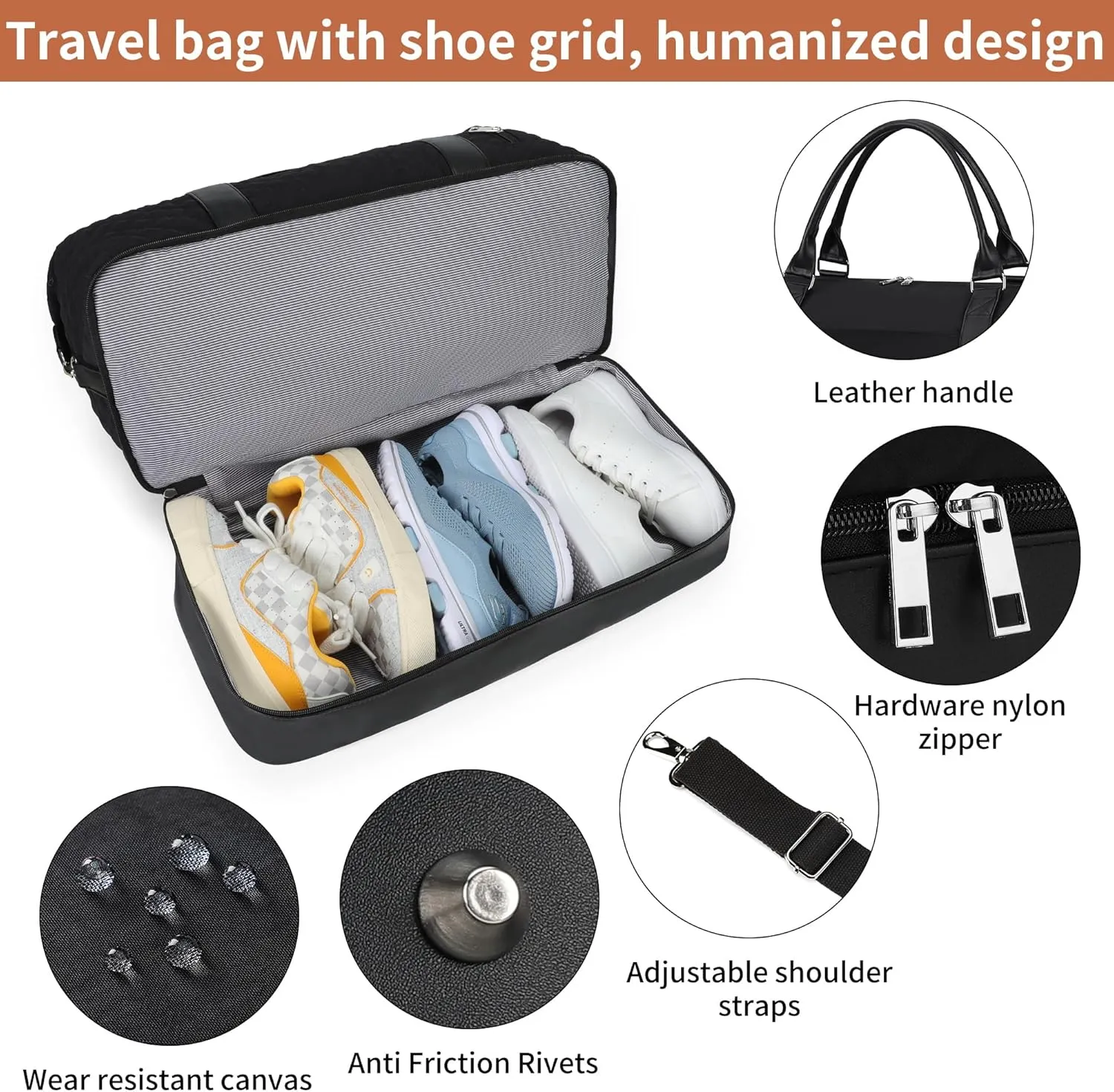 Women's Weekender bag Travel Duffel Bag with Shoe Compartment 21-inch Airline-Approved Carry-On, 2-Piece Canvas & Leather Overnight Bag Set Personal Item Luggage